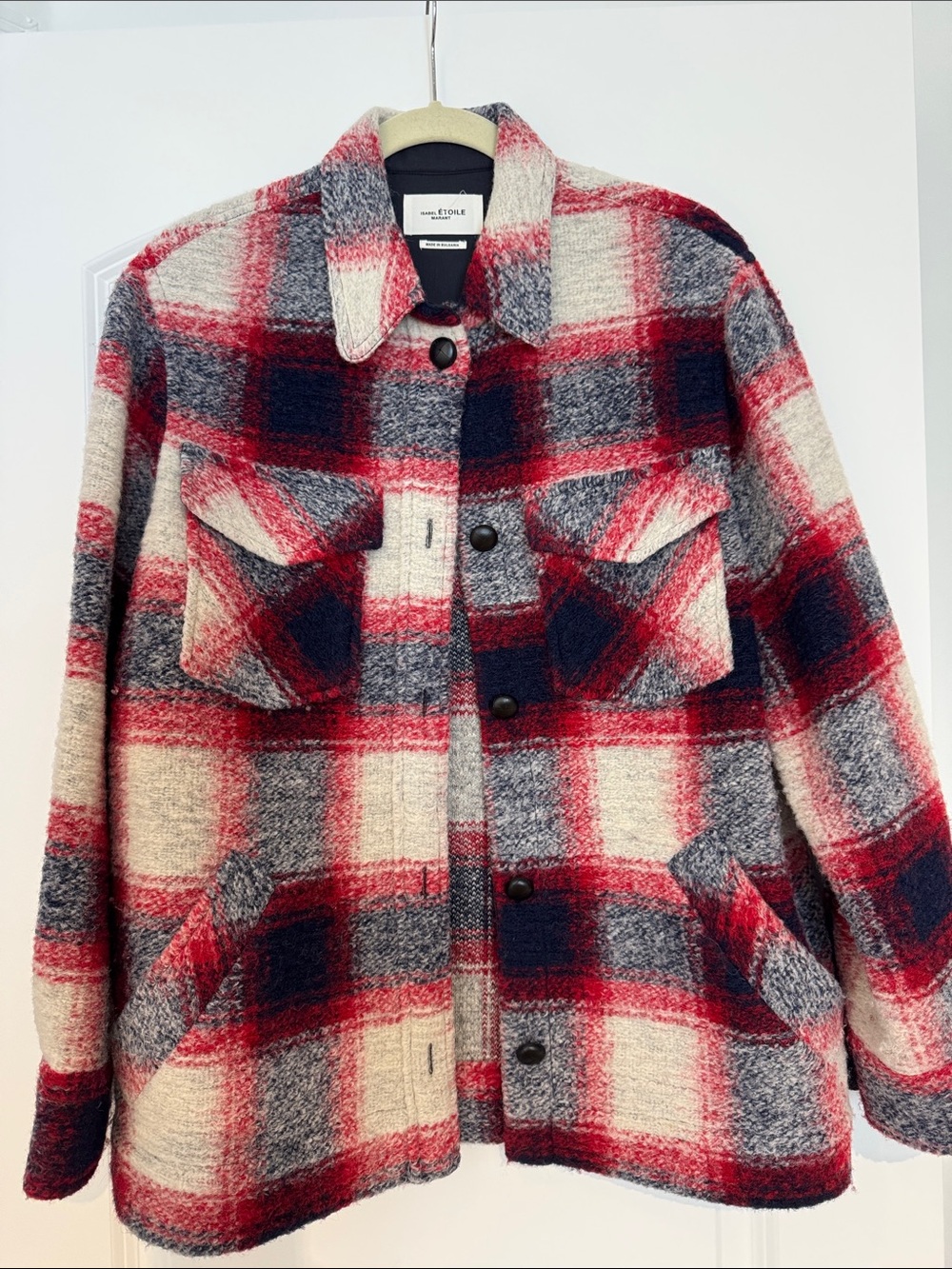 Étoile Isabel Marant Plaid Wool-Blend Utility Jacket in Red and Navy